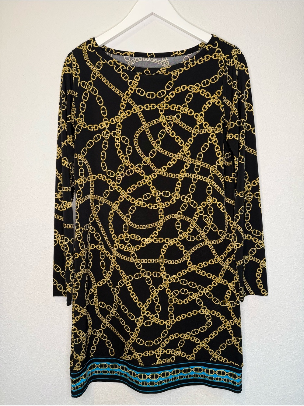 Michael Kors Black Long-Sleeve Chain-Print Dress with Turquoise Trim